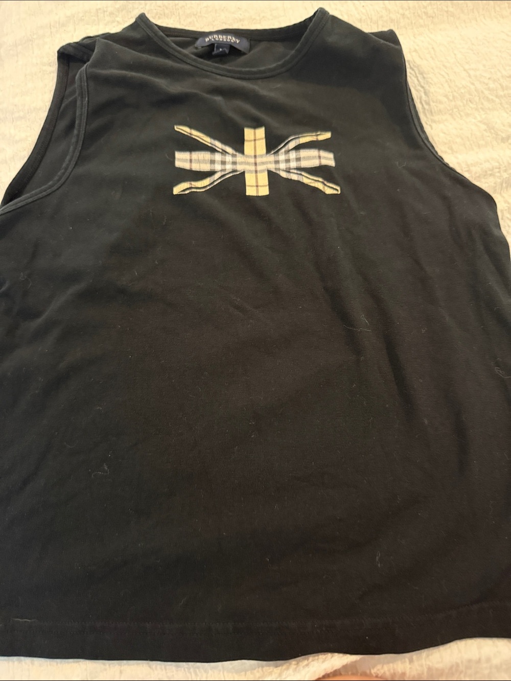 Women’s Burberry Black Sleeveless Graphic Tank with Yellow Plaid Accent
